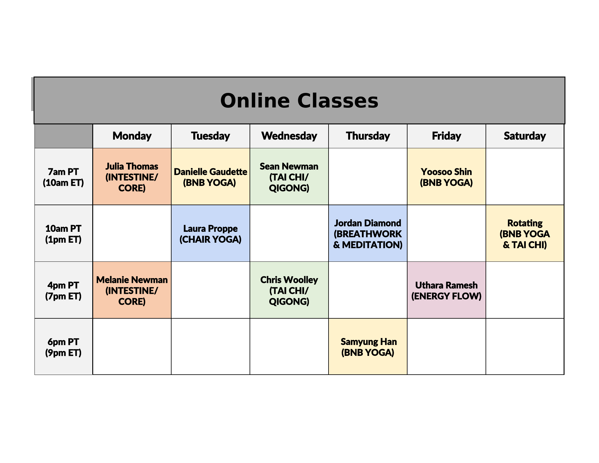 Online Classes showing live Zoom classes from Monday through Saturday