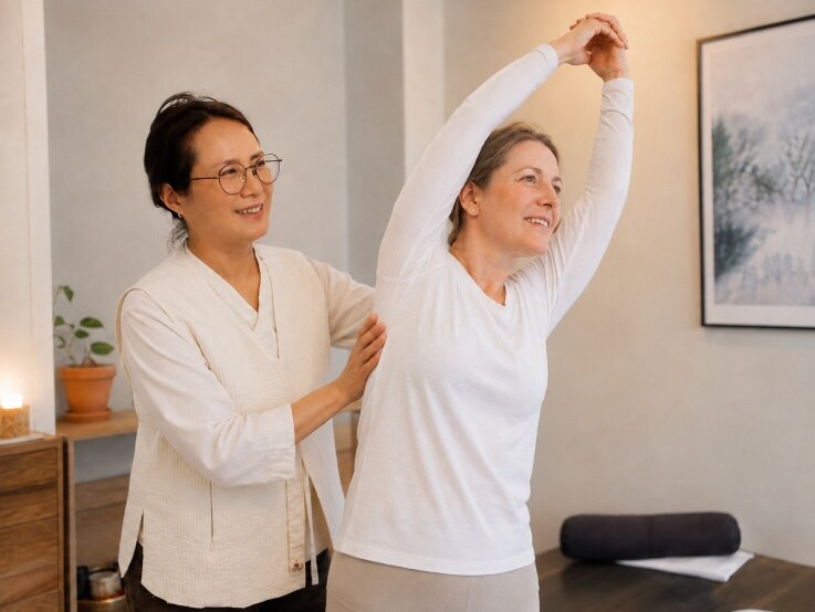 Shine offering supportive one-to-one guidance during a stretch
